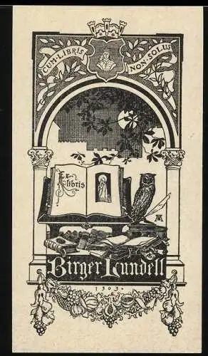 Exlibris Birger Lundell, offenes Buch und Eule