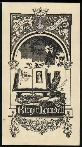 Exlibris Birger Lundell, offenes Buch und Eule