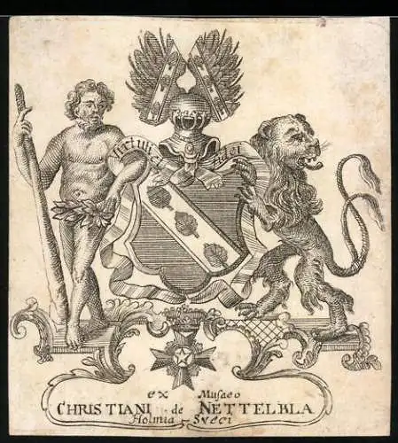 Exlibris Christiani de Nettelbla, Wappen mit Ritterhelm, Löwe und Wildem Mann