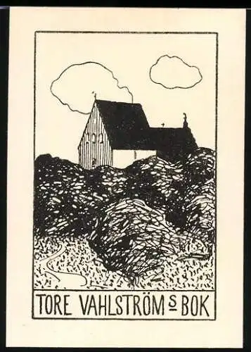 Exlibris Tore Vahlström, Kirche hinter einer Baumgruppe