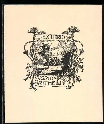 Exlibris von C. Bartels für Sigrid Brithelli, Bauernhof von Disteln eingerahmt