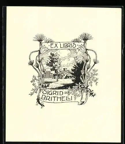 Exlibris von C. Bartels für Sigrid Brithelli, Bauernhof von Disteln eingerahmt
