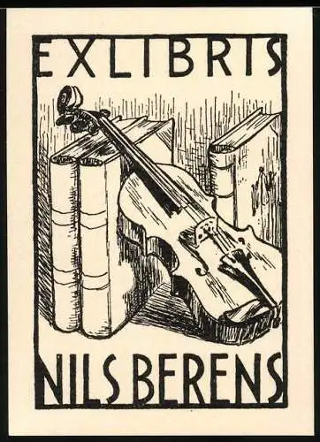 Exlibris Nils Berens, Bücher und Violine / Geige