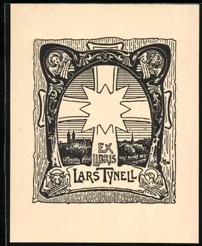 Exlibris Lars Tynell, Ortsansicht mit Kreuz & Wappen