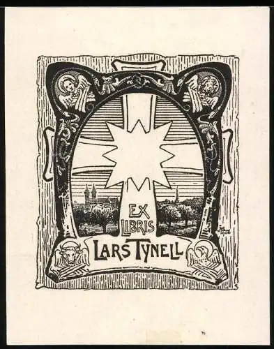 Exlibris Lars Tynell, Ortsansicht mit Kreuz & Wappen