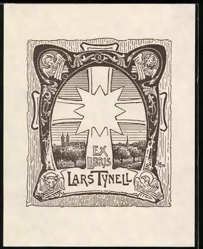 Exlibris Lars Tynell, Ortsansicht mit Kreuz & Wappen