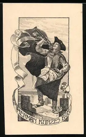 Exlibris Herman Kunze, Ausrufer mit Trompete