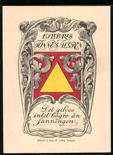 Exlibris Tönnes Algren, Wappen mit Dreieck und Ornamenten