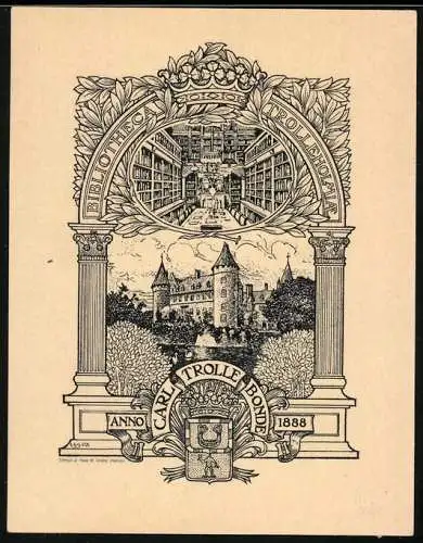 Exlibris von Lydia Skottsberg für Graf Carl Trolle Bonde, Schloss Trolleholm, Aussenansicht & Bibliothek