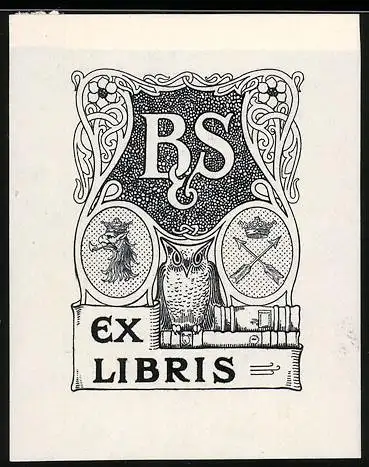 Exlibris von Lydia Skottsberg für Dr. P. Beijer / Bibliothek Stockholm, Eule, Wappen, Initialen