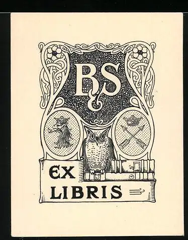 Exlibris von Lydia Skottsberg für Dr. P. Beijer / Bibliothek Stockholm, Eule, Wappen, Initialen