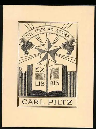 Exlibris von Arthur Sjögren für Carl Piltz, offenes Buch, Stern, Banner mit Spruch auf lateinisch