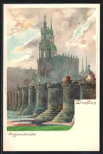 Künstler-AK Heinrich Kley: Dresden, Augustusbrücke mit Pferdebahn