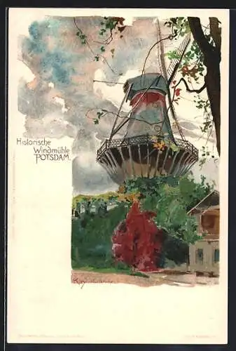 Künstler-AK Heinrich Kley: Potsdam, Historische Windmühle mit herbstl. Laub