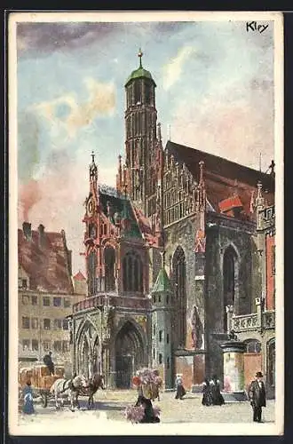 Künstler-AK Heinrich Kley: Nürnberg, Frauenkirche vom Vorplatz aus gesehen mit Pferdegespann und Spaziergängern