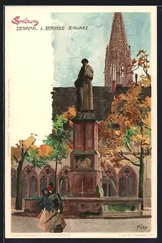 Künstler-AK Heinrich Kley: Freiburg, Denkmal des Berthold Schwarz mit Spaziergängern