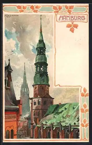 Künstler-AK Heinrich Kley: Hamburg, Blick zur Kirche