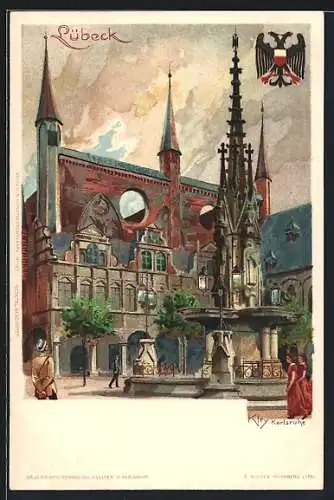 Künstler-AK Heinrich Kley: Lübeck, Ortspartie, Wappen