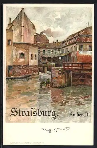 Künstler-Lithographie Franz Xaver Hoch: Strassburg, Ortspartie an der Ill