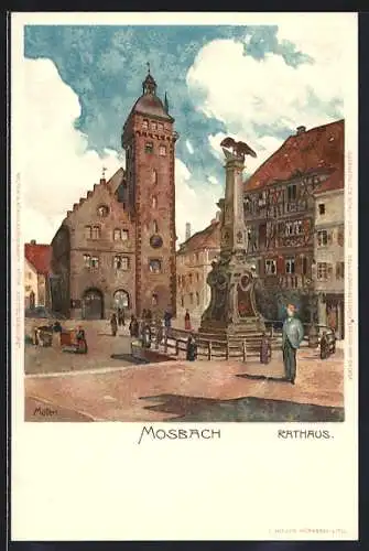 Künstler-AK Karl Mutter: Mosbach / Baden, das Rathaus, am Monument