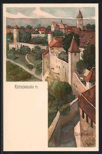 Künstler-AK K. Mutter: Rothenburg / Tauber, Blick entlang der Stadtmauer