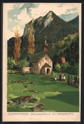 Lithographie Oberammergau, Gregorikapelle mit Prozession und Laaberköpfen