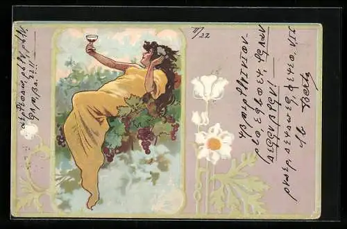 Lithographie Junge Frau mit einem Glas Wein auf einer Weinpflanze, Jugendstil