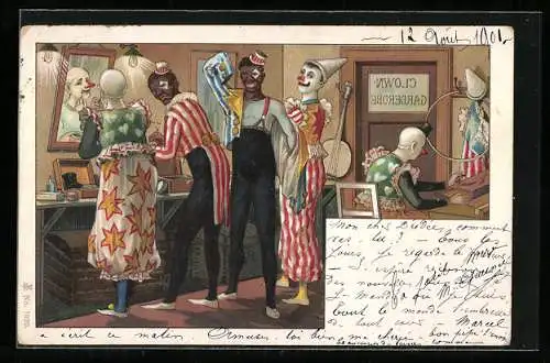 Lithographie Clowns beim Schminken in einer Garderobe