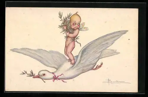 Künstler-AK Adolfo Busi: Fliegende Gans mit geflügeltem Kleinkind auf dem Rücken, Lorbeerzweige
