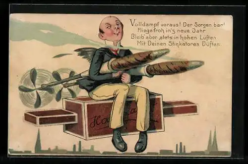 Lithographie Junger Mann mit Düsen-Zigarillos auf Streichholzschachtel-Flugzeug, Stadtsilhouette, Neujahrsgruss