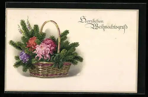 Künstler-AK Meissner & Buch (M&B) Nr.: Blumenkorb mit Tannengrün, Weihnachtsgruss