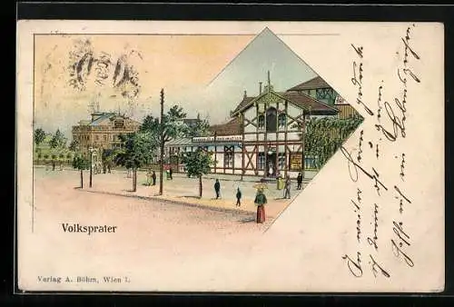 Lithographie Wien, Wiener Prater, Volksprater, Panorama mit Strasse und Kaffeehaus