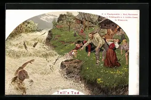 Künstler-AK Mann rettet ein Kind aus einem Fluss