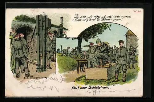 Lithographie Auf dem Schiessstand, Soldaten beim Schiessen, Anzeigerdeckung