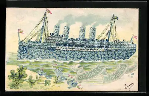 Präge-AK Schiff aus Blumen, Blumenbild