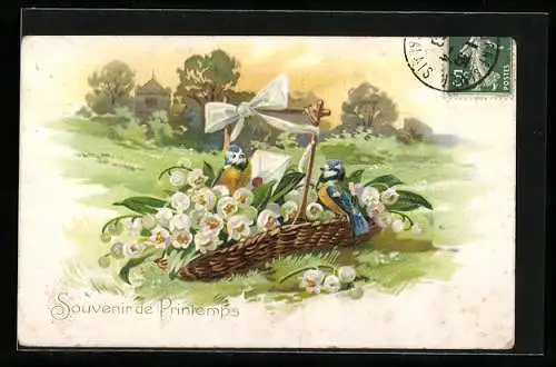 Präge-AK Blaumeisen und Blumen, Maiglöckchen