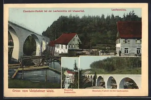 AK Welzheim, Welzheimer Wald, Eisenbahn-Viadukt bei der Laufenmühle mit Wasserfall, Mehrfachansicht, Wasserfall