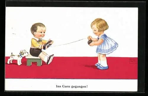 Künstler-AK John Wills: Junge und Mädchen entrollen ein Wollknäuel, der Hund schaut zu