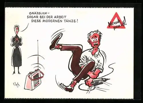 Künstler-AK Arbeitsschutz, Mann bekommt vom Bohrer einen Stromschlag verpasst