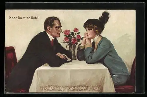 Künstler-AK Handgemalt: Mann und Frau in Abendkleidung bei einem Rendesvouz