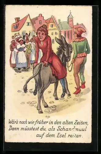 Künstler-AK Frau muss als Schandmaul auf einem Esel reiten, von einem Narr geführt