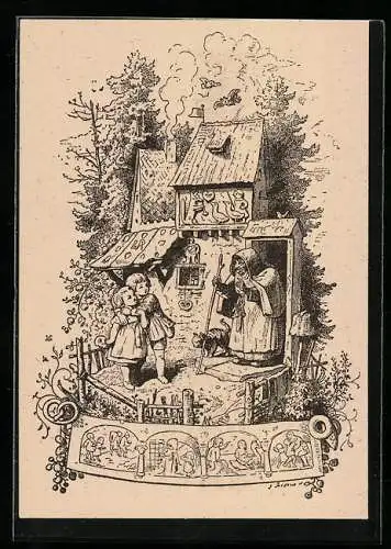 Künstler-AK Ludwig Richter: Hänsel und Gretel am Haus der Hexe