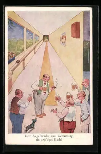 Künstler-AK Kegelbrüder feiern Geburtstag auf der Kegelbahn