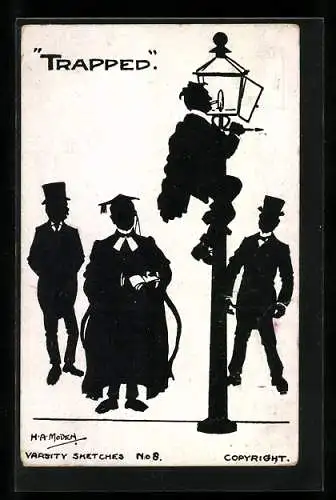 Künstler-AK Trapped, Student der sich eine Zigarette an der Strassenlaterne anzündet