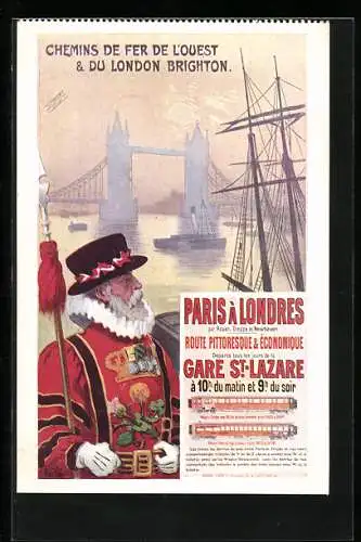 Künstler-AK Chemins de Fer de l`Ouest et de Brighton, Beefeater vor der Tower Bridge, Werbung für Tourismus