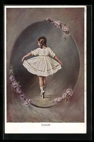 AK Liselott, kleines Mädchen in weissem Kleid übt Ballett