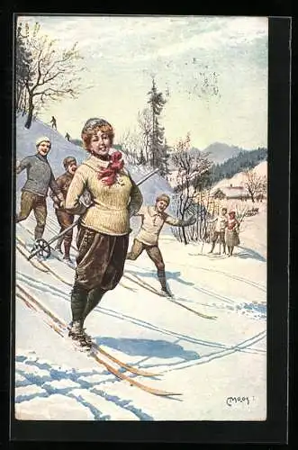 Künstler-AK Carl Moos: Junge Frau beim Skifahren