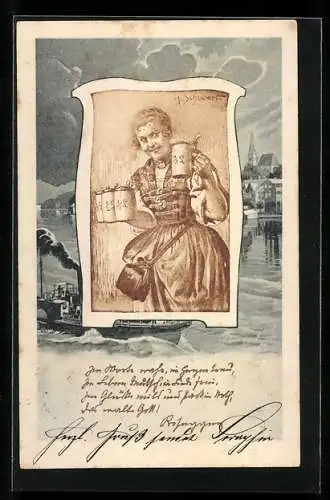Künstler-AK H. Schubert: Kellnerin mit Bierkrügen im Dampfschiff-Passepartout