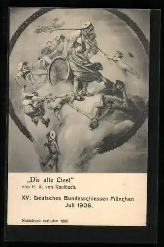 Künstler-AK München, XV. Deutsches Bundesschiessen 1906, Die alte Liesl mit Kindern