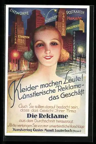 Künstler-AK Lauterbach /Hessen, Werbung für Kunstverlag Gustav Mandt, Dame vor Leuchtreklame für Postkarten